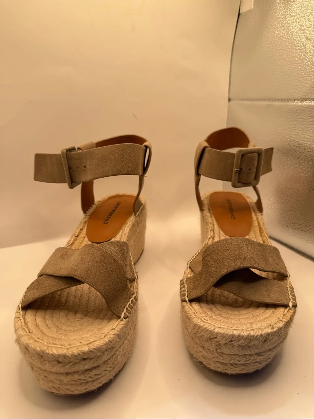 Lucky Brand Audrinah Espadrille Wedge Sandals Taupe Suede Leather Women’s 9.5